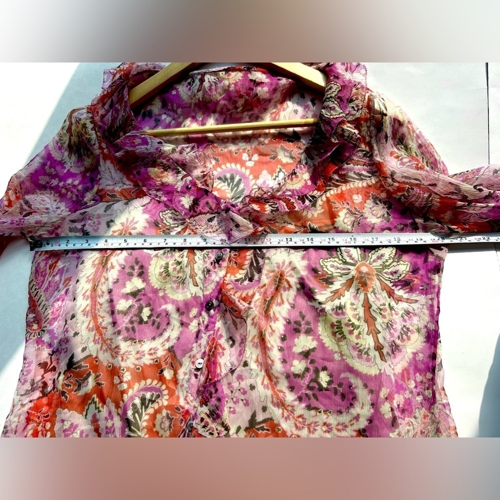 Elie tahari Pink  paisley print blouse Floral Ruffle Tie Front Long Sleeve Top - Picture 3 of 7
